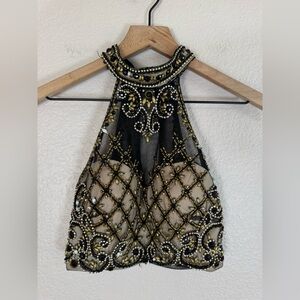 Beaded Sequin Halter Crop Top Black Gold XS Festival Concert Coachella
